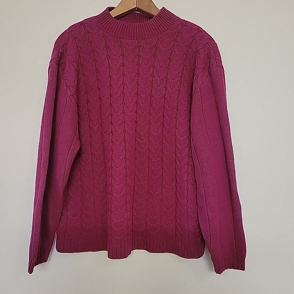 Cascade Classics Cable Knit Sweater Magenta L Mock Neck Vintage Academia 80's